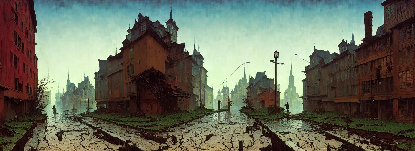 Prompt: flooded old wooden empty cursed city street, very coherent and colorful high contrast masterpiece by norman rockwell rene magritte simon stalenhag carl spitzweg jim burns, full - length view, dark shadows, sunny day, hard lighting, reference sheet white background