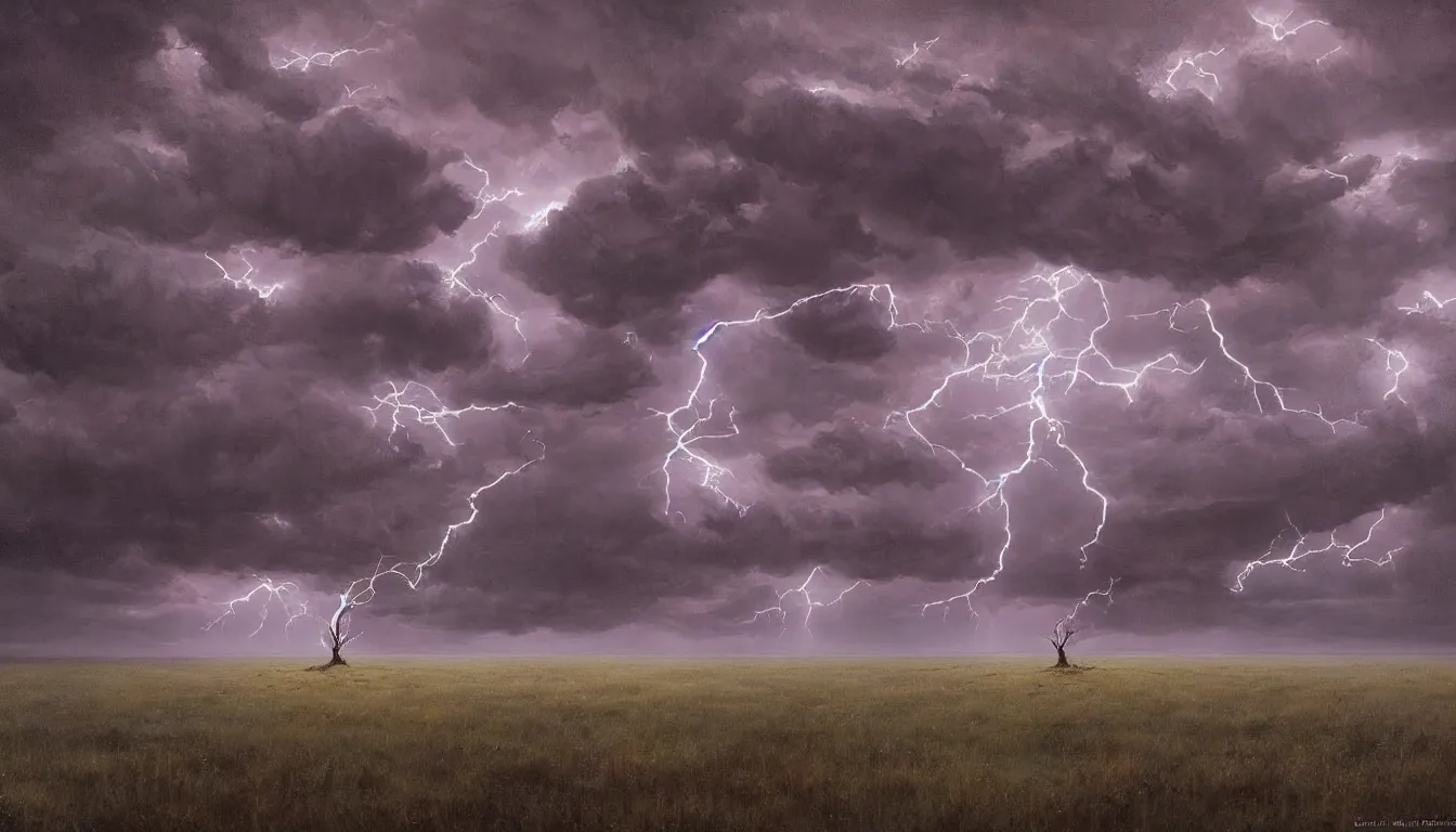 Image similar to a highly detailed epic cinematic concept art CG render digital painting artwork: Lone tree in lightning storm. By Greg Rutkowski, in the style of Francis Bacon and Syd Mead and Norman Rockwell and Beksinski, open ceiling, highly detailed, painted by Francis Bacon and Edward Hopper, painted by James Gilleard, surrealism, airbrush, Ilya Kuvshinov, WLOP, Stanley Artgerm, very coherent, triadic color scheme, art by Takato Yamamoto and James Jean