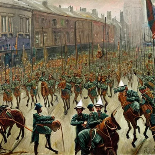 Image similar to beautiful painting of the Irish 1916 Easter rebellion, soldiers are fighting in the streets of Dublin