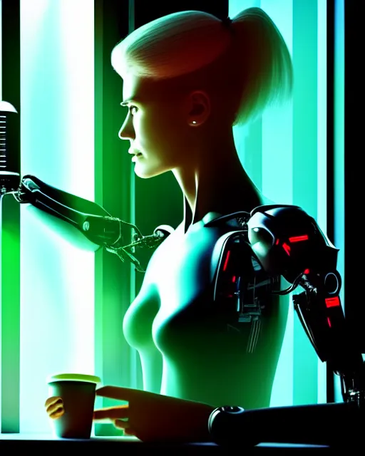 Image similar to a terminator cyborg lady with borg implants and a gorgeous human face is drinking coffee near a window with dystopian city visible outside. tiny green led lights in her cybernetics. very detailed 8 k. horror cyberpunk style.