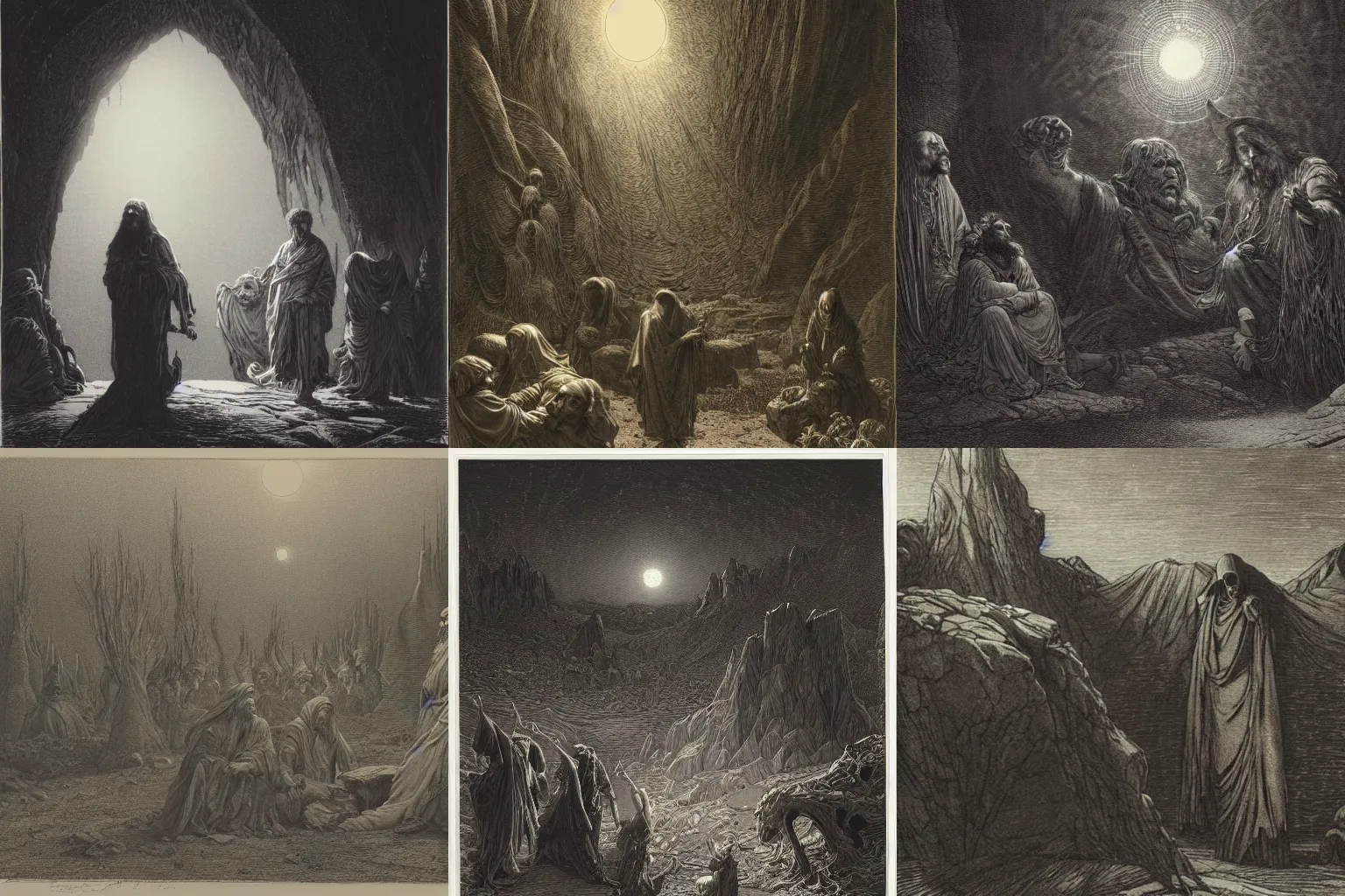 Prompt: etching by Franklin Booth and Gustav Doré showing frightened sorcerer in the desert by night surrounded by nightmares, mystic athmosphere, by Greg Rutkowski, UHD, 8K,