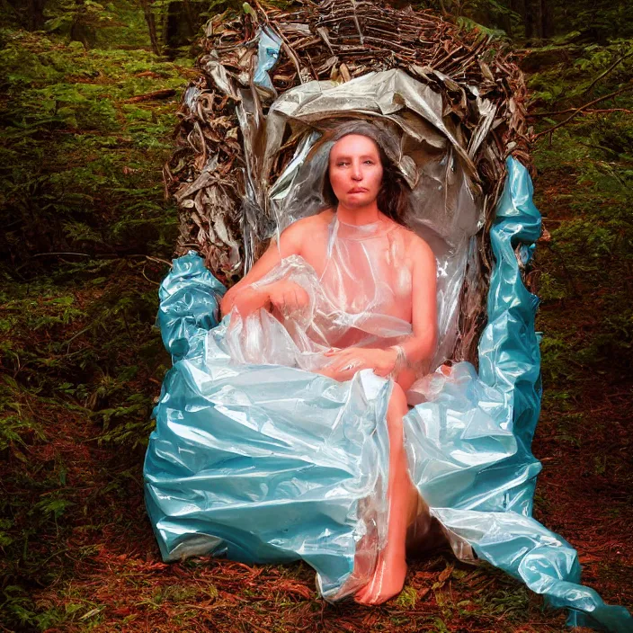 Prompt: a color photograph, closeup portrait of a woman wrapped in plastic, sitting in a plastic throne, in smokey mountains national park, color photograph, by vincent desiderio, canon eos c 3 0 0, ƒ 1. 8, 3 5 mm, 8 k, medium - format print