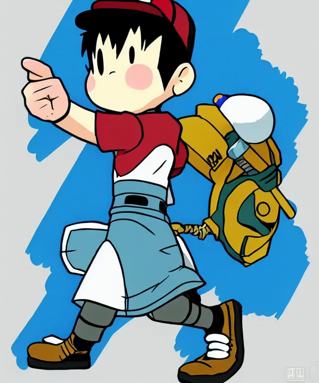 Prompt: ness from earthbound in the art style of ufotable studios, crisp 8 k line art, trending on artstation, cel shaded, matte, detailed, anime illustration