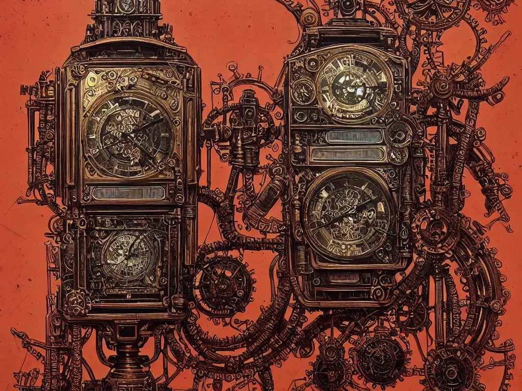 Image similar to ornate steampunk time machine, high details, intricately detailed, by vincent di fate, inking, lineart, 3 color screen print, masterpiece, trending on artstation,, sharp, details, hyper - detailed, hd, 4 k, 8 k