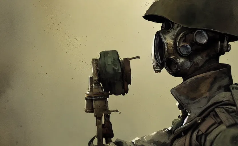 Prompt: portrait of futuristic world war 1 soldier with gas mask, dripping paint, craig mullins, ash thorpe, fibonacci rhythm ar