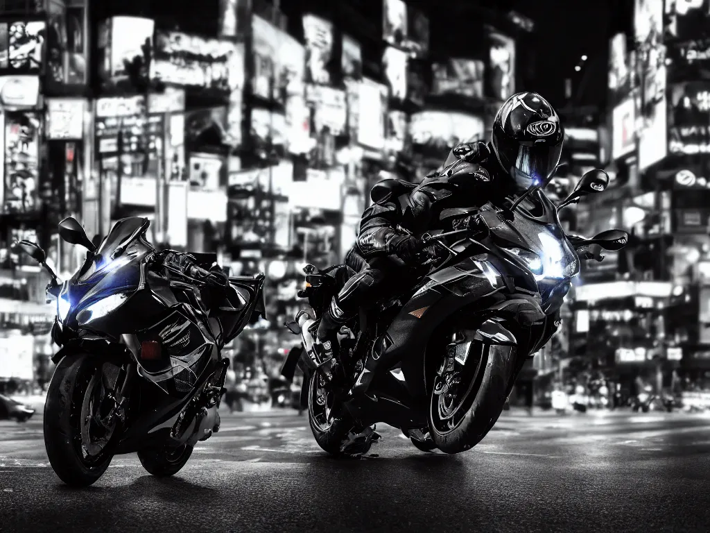 Prompt: a Photorealistic hyperdetailed hyper realistic dramatic moody Low angle night time close up render of a lone biker speeding on a GSX R1000 in the middle of busy shibuya crossing Tokyo,multiple long light trails,Beautiful dramatic moody tones and lighting,cinematic atmosphere,photorealism,8K