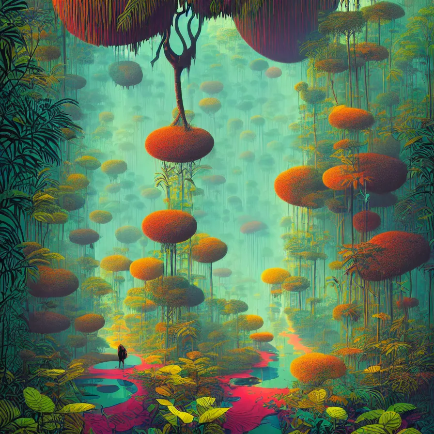 Image similar to surreal glimpse, malaysia jungle, summer morning, very coherent and colorful high contrast art by gediminas pranckevicius james gilleard james gurney floralpunk screen printing woodblock, dark shadows, pastel color, hard lighting, stippling dots, art nouveau