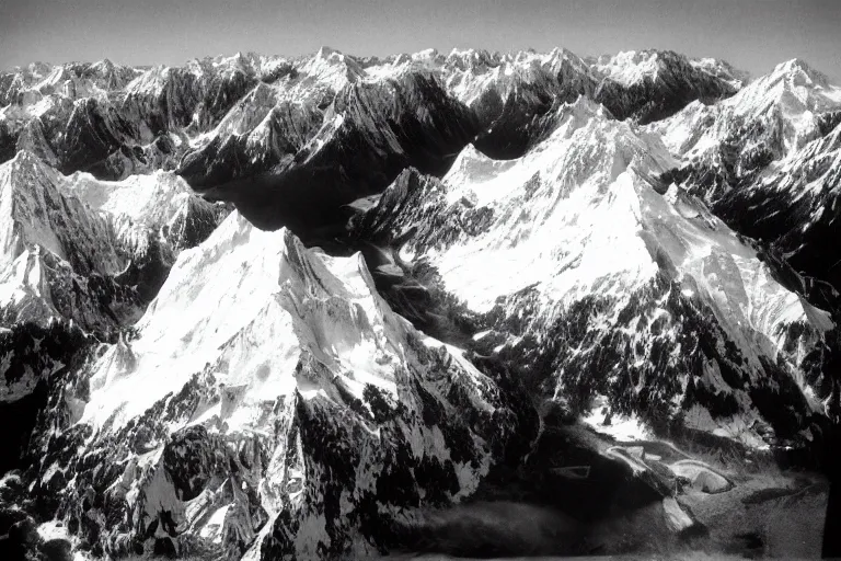 Image similar to tall mountains covered in snow and glaciers, photo from airplane by Ansel Adams,