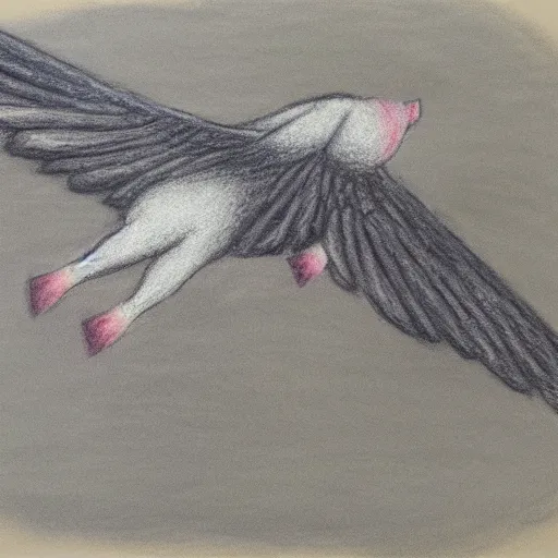 Image similar to chalk pastel drawing of of a flying pig with wings