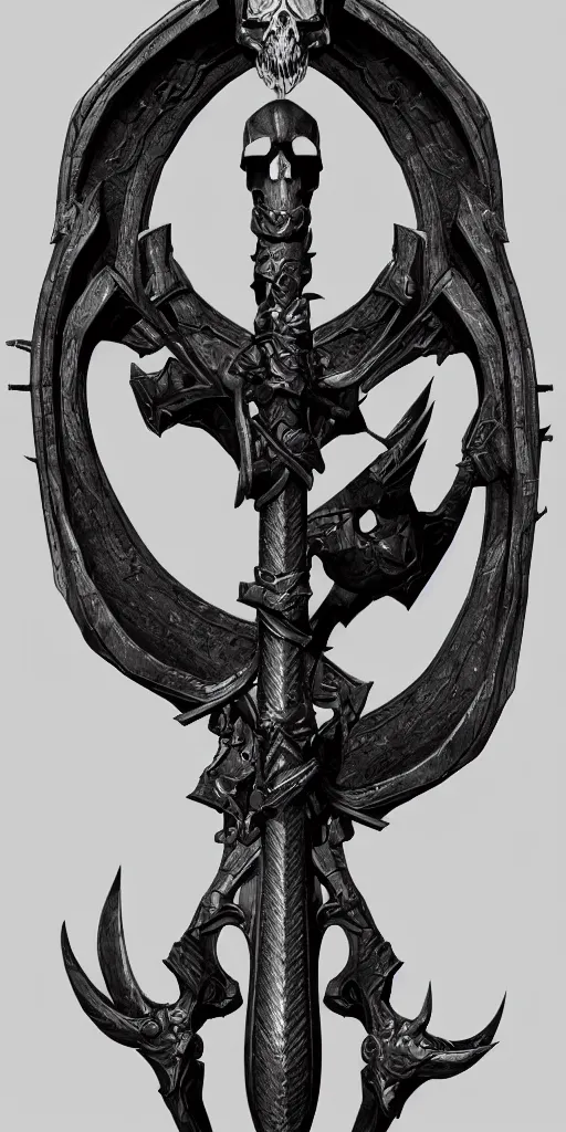 Image similar to a black and silver sword skull crest, ornament, simple weapon, a 3 d render by dom qwek, front side, concept art, trending on polycount, artstation, hard surface modeling, rendered in maya, zbrush, hd, vray, blizzard, symmetry