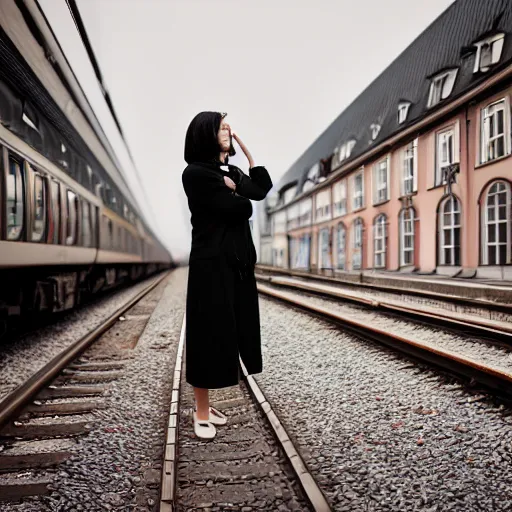 Prompt: a black haired woman gets annoyed by a train delay in germany, photography, hasselblad, large format