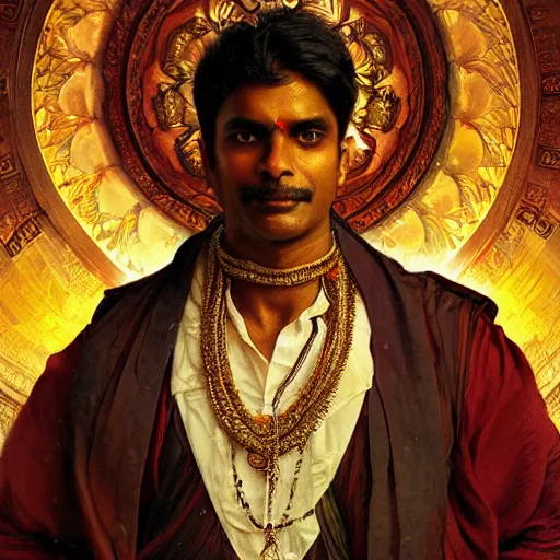 Prompt: portrait of Indian male priest, fantasy, powerful, elegant, intricate, beautiful lighting, perfect composition, by greg rutkowski, thomas kindkade, alphonse mucha