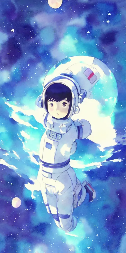 Image similar to oriental water color of a cute thicc astronaut woman, floating through space, backlit, by makoto shinkai and krenz cushart