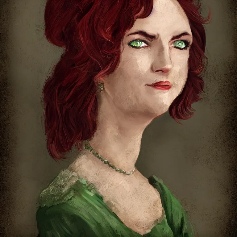 Prompt: head portrait, full faced, 4 0 years old women, dark red hair, green eyes, in beige historic clothing, high detail, digital art, medieval fantasy