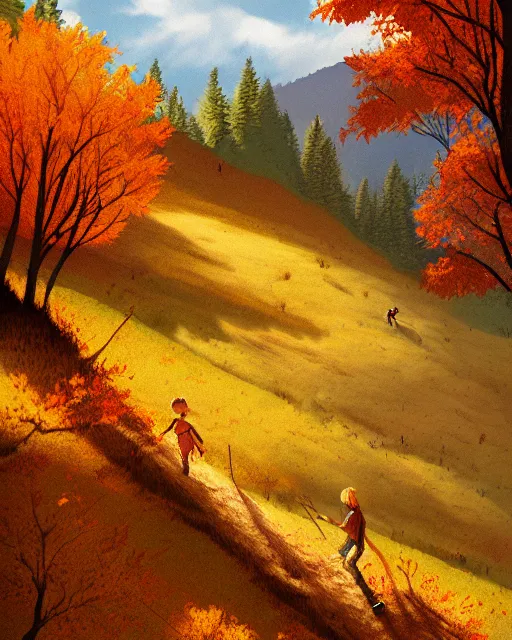 Prompt: autumn hillside boy hiking illustration detailed, by quentin mabille