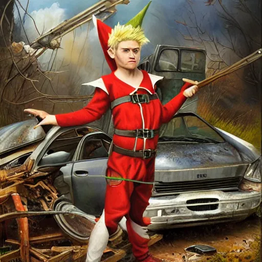 Image similar to an elf with spiky blonde hair wearing dark brown overalls and holding dynamite standing next to a destroyed car, painting by Mark Brooks