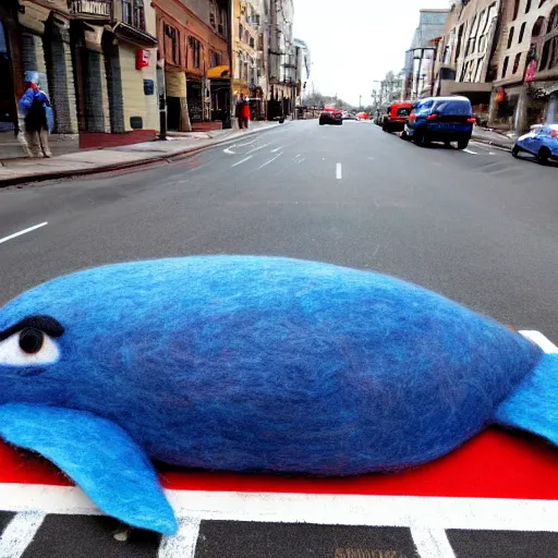 Image similar to photo of a life sized needle - felted blue whale crossing the street