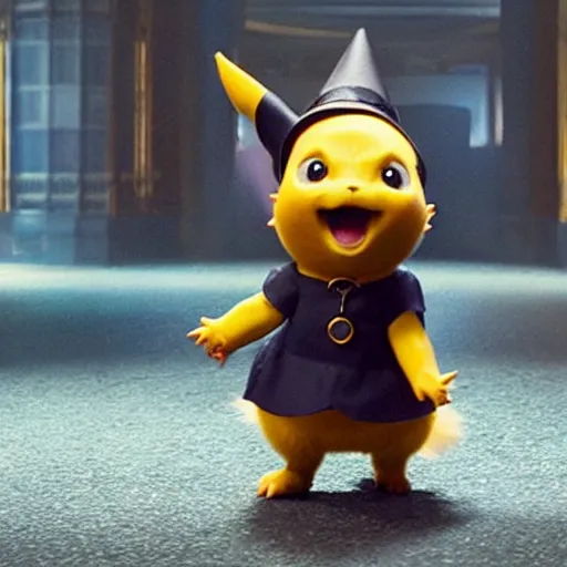 Image similar to a film still of a little witch in detective pikachu