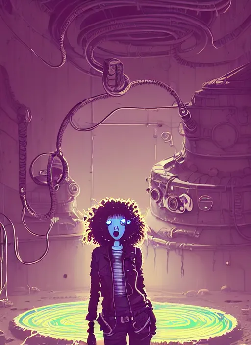 Image similar to highly detailed portrait of a lonely wasteland punk long dripping curly brown nuclear hair tribal lady, stray green slime hoses by atey ghailan, james gilleard, by joe fenton, by greg rutkowski, by greg tocchini, by kaethe butcher, 4 k resolution, gradient purple, brown black and white color scheme!!! ( ( green flaming robotic sewer background ) )