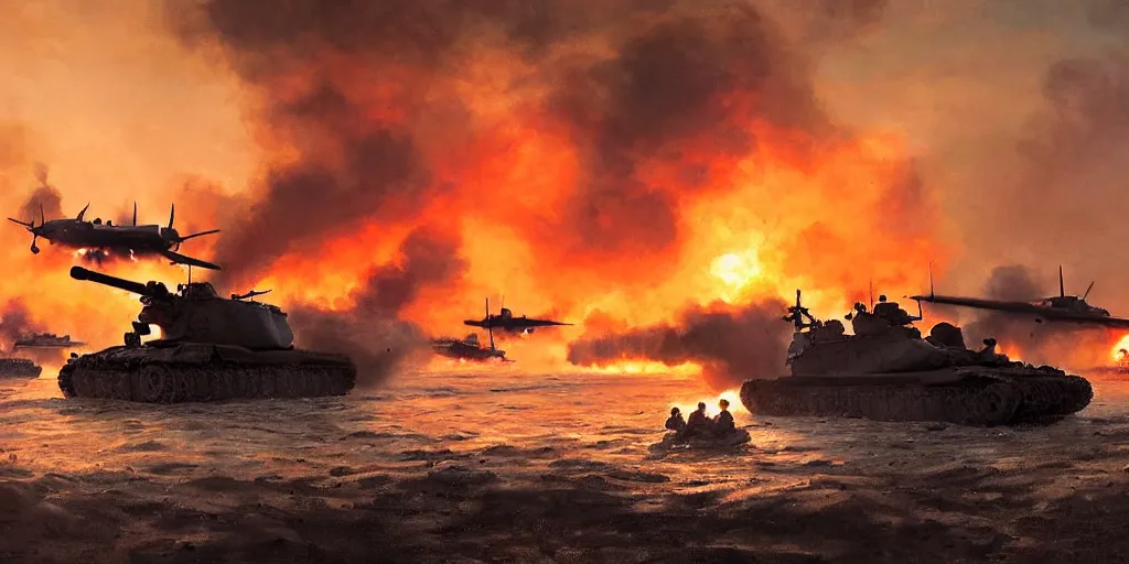 Image similar to the normandy!!!!! landings, d - day, 1 9 4 5, sunset, chaos!!!, smoke, fire, soldiers charging in, airplanes bombing the beach, destroyed tanks, highly detailed, wide shot, sadness, cinematic, ultra realistic!!!, ray tracing, by greg rutkowski