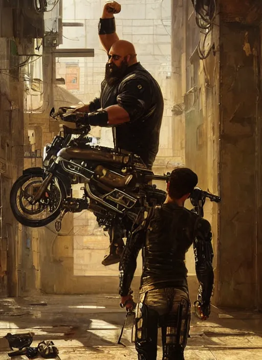 Image similar to big mike lifting a motorcycle. cyberpunk meathead wearing a military vest and combat gear. (Cyberpunk 2077, bladerunner 2049). Iranian orientalist portrait by john william waterhouse and Edwin Longsden Long and Theodore Ralli and Nasreddine Dinet, oil on canvas. Cinematic, hyper realism, realistic proportions, dramatic lighting, high detail 4k