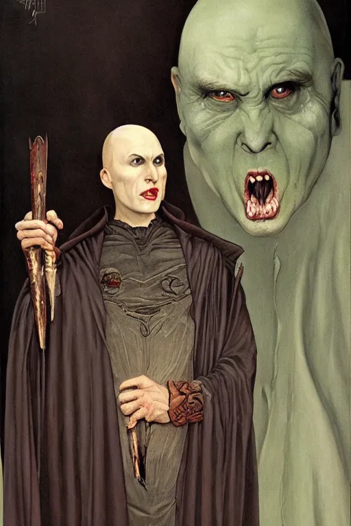 Image similar to a bald vampire wearing a long black robe with large bat ears huge black eyes and gray skin, character art, painting by james c christensen