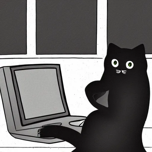 Image similar to a black cat programming in a computer. cartoon. high quality. high fidelity. unsplash. devianart.