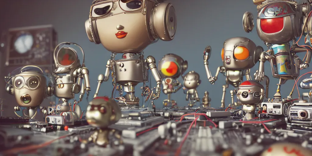 Prompt: closeup portrait of tin toy retro robots team programming in a computer lab, depth of field, zeiss lens, detailed, centered, fashion photoshoot, by nicoletta ceccoli, mark ryden, lostfish, breathtaking, 8 k resolution, extremely detailed, beautiful, establishing shot, artistic, hyperrealistic, octane render