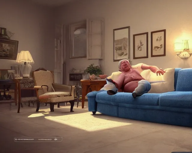 Image similar to of a very beautiful scene. ambient occlusion render. a sweet fat old woman is flying above the sofa. hyper realistic. 4 k. wide angle. wild. symmetrical face, red mouth, blue eyes. deep focus, lovely scene. ambient occlusion render. concept art. unreal engine.