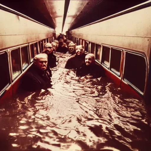 Image similar to almost completely flooded metro wagon. photo from inside the wagon, in the center of the frame stands one calm man up to his chest in water and looks at the camera. warm lighting, old color photo, ussr, extremely detailed, 8 k, vintage color