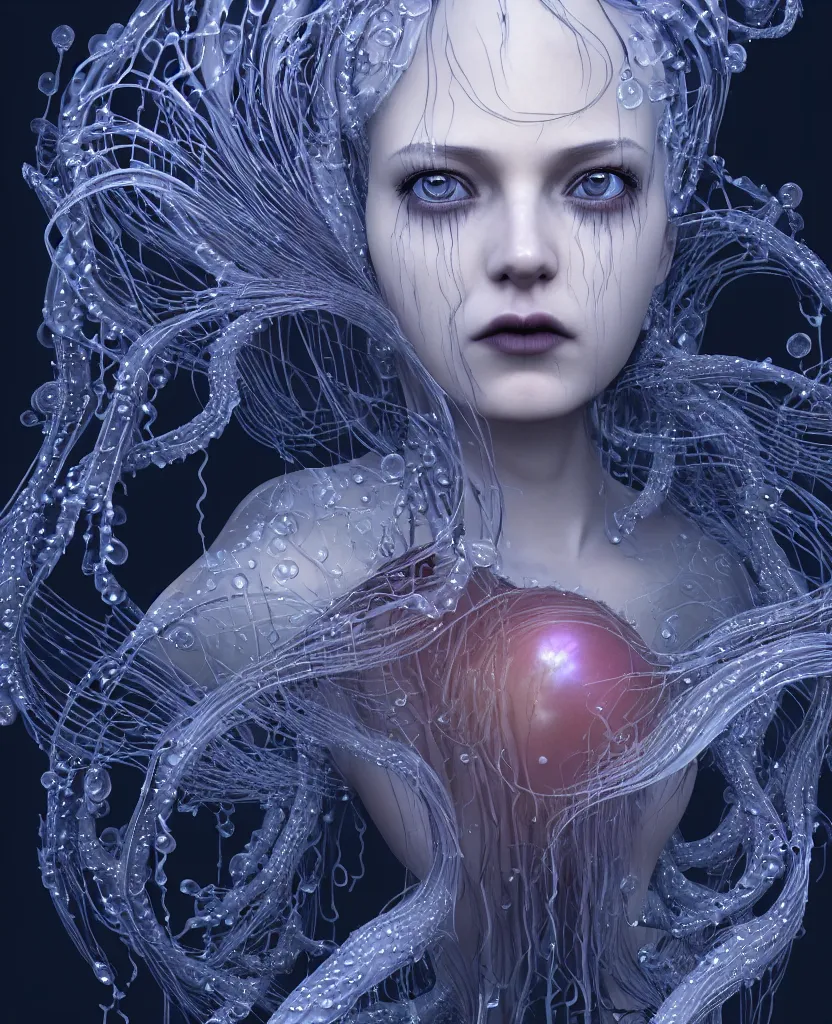 Image similar to close-up portrait of the face of a beautiful gloomy gothic princess, epic angle and pose, symmetrical artwork, 3d with depth of field, blurred background, cybernetic jellyfish female face skull phoenix bird, translucent, nautilus, energy flows of water and fire. a highly detailed epic cinematic concept art CG render. made in Maya, Blender and Photoshop, octane render, excellent composition, cinematic dystopian brutalist atmosphere, dynamic dramatic cinematic lighting, aesthetic, very inspirational, arthouse. y Greg Rutkowski, Ilya Kuvshinov, WLOP, Stanley Artgerm Lau, Ruan Jia and Fenghua Zhong