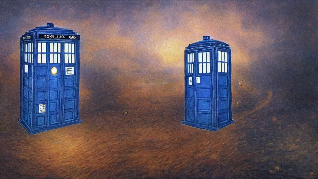 Image similar to an oil painting in the style of alan lee depicting the inside of the tardis