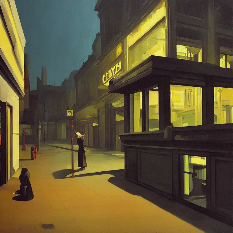 Image similar to dark city all stores cloded, except one, painted by Edward Hopper and James Gilleard, oil painting