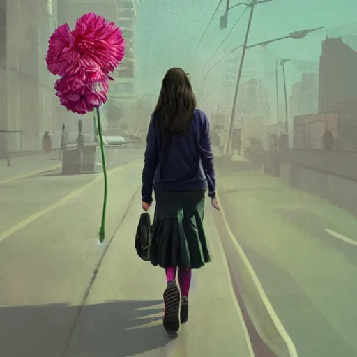 Image similar to giant carnation flower head, woman walking in a modern city, surreal photography, dramatic light, impressionist painting, digital painting, artstation, simon stalenhag