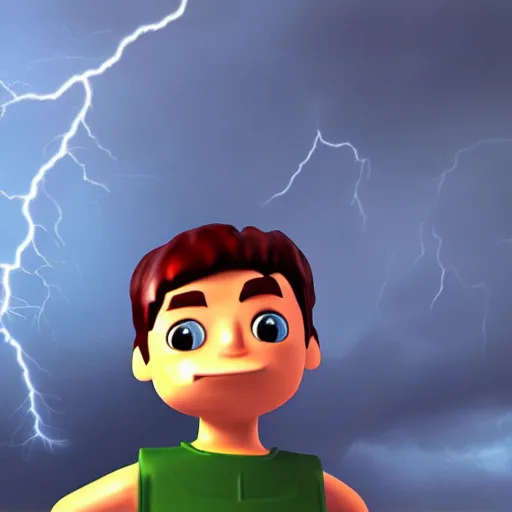 Prompt: a boy in the middle of a thunderstorm, 1997 un roblox 2006