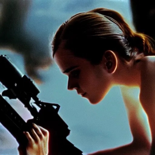 Prompt: film still, aerial view, extreme far view, emma watson vietnam door gunner, film still from apocalypse now ( 1 9 7 9 ), 2 6 mm, kodak ektachrome, blue tint expired film,