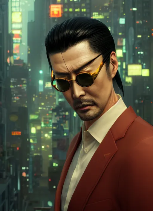 Image similar to highly detailed portrait of yakuza 0's goro majima, stephen bliss, unreal engine, greg rutkowski, loish, rhads, beeple, makoto shinkai and lois van baarle, ilya kuvshinov, rossdraws, tom bagshaw, tom whalen, alphonse mucha, global illumination, god rays, detailed and intricate environment