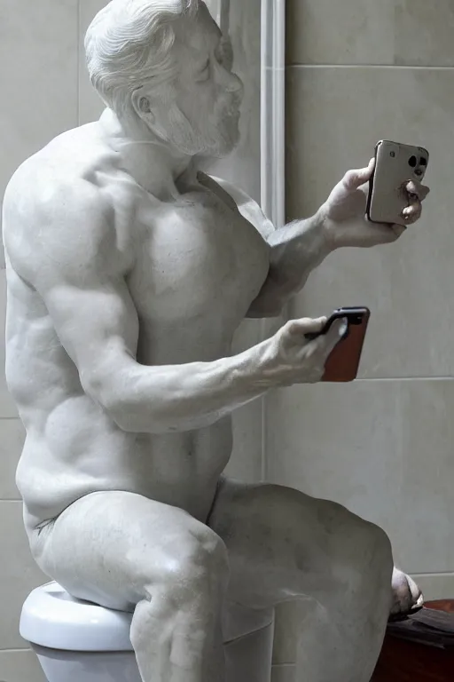 Image similar to marble sculpture of a man taking a selfie while on the toilet