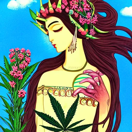 Prompt: goddess of plant medicine, and art detailed painting trending on pixiv, detailed illustration, stylized illustration, vivid colors cannabis