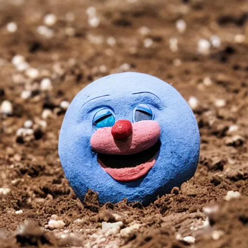 Image similar to photo of a small round creature made of dirt with round blue eyes and a round clown nose and a cute smile