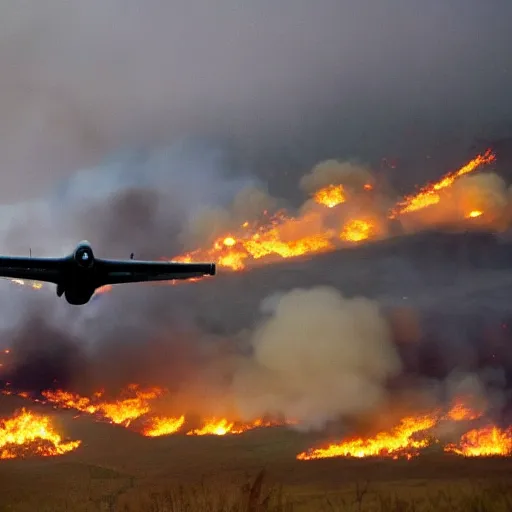 Image similar to Military battle, big explosions in the background, Lake California, Battlefield, war-torn landscape, fire, USAF Bombers, military, Battlezone