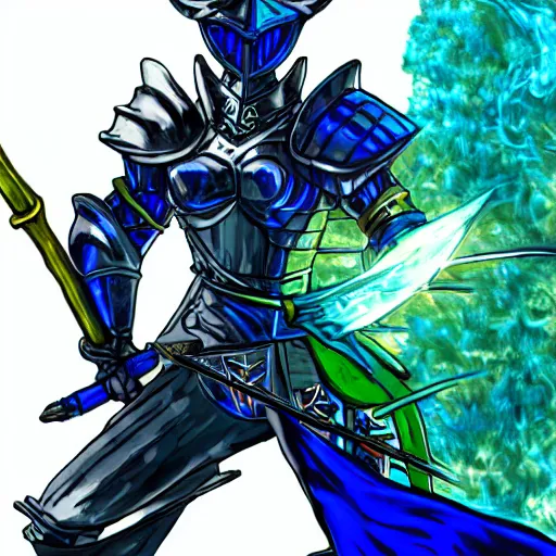 Image similar to fantasy knight in blue armor with a golden sword driving a green hatchback car with a dragon blowing fire above, manga, Yusuke Murata, artstation, 8k