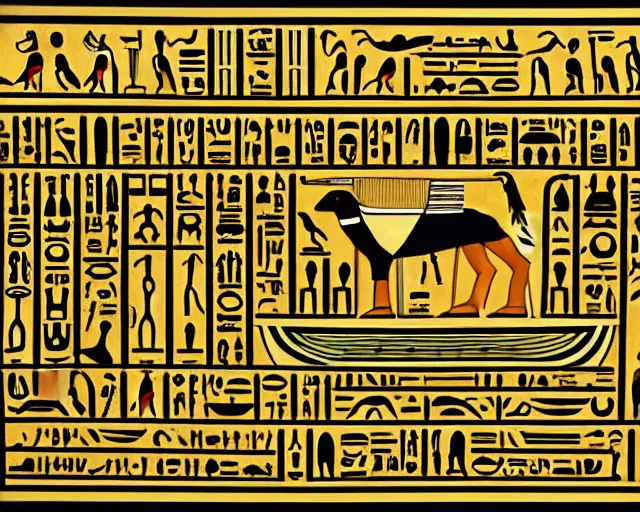 Image similar to a thin image border in the graphical style of egyptian hieroglyphs, abstract, graphical element, illustration, decorative