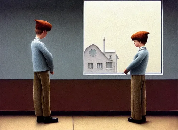 Image similar to a very boring day in school, painting by quint buchholz and ray caesar, muted colors, gray, dull, boring, low energy, pale blue faces, very detailed