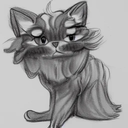 Image similar to extra fluffy Persian tabby cartoon cat standing on two feet, drawing by Don Bluth, pencil sketch with feathery lines