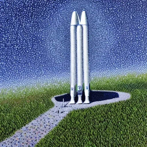 Image similar to spacex starship rocket landing on earth, pointillism painting