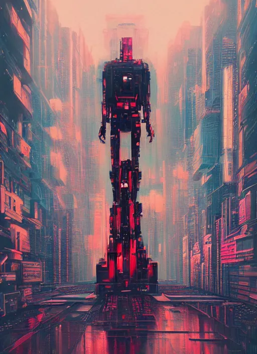 Image similar to a painting of a giant robot standing in front of a city, cyberpunk art by beeple art by james jean, behance contest winner, nuclear art, dystopian art, apocalypse art, sci - fi