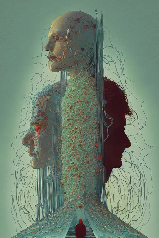 Image similar to poster artwork by Michael Whelan and Tomer Hanuka, Karol Bak of collective neurological consciousness as imagined by Carl Jung, from scene from Twin Peaks, clean, simple illustration, nostalgic, domestic, full of details
