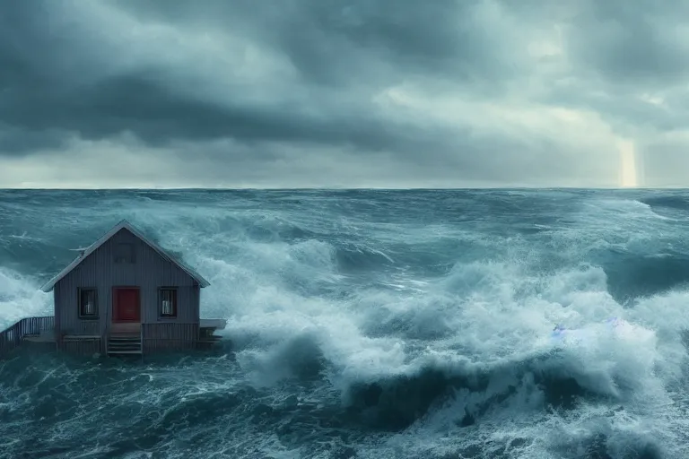 Prompt: a lonely house in the middle of the sea, the waves crashing, a storm. soft light, hyper realistic, dramatic, 4 k.