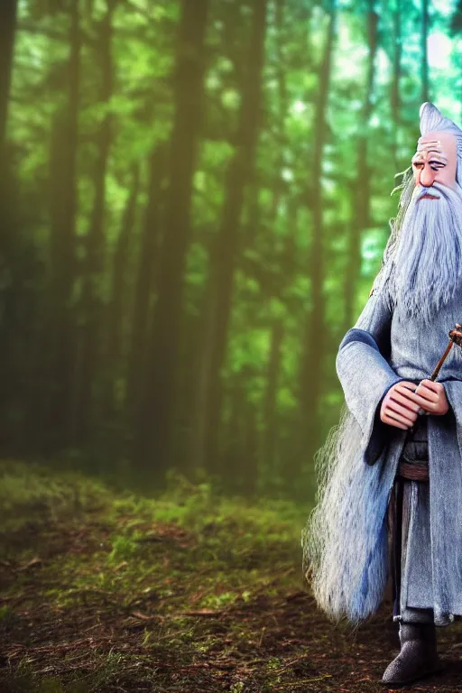 Image similar to A full body portrait of Gandalf in a forest, tilt shift, bokeh, detailed, realistic